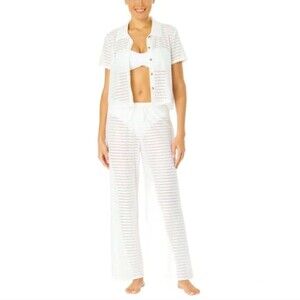 Hurley Women's L Wide Leg Mesh Swim Cover Up Pant + Button Up Top Set White NWT